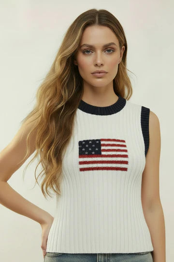 USA Flag Sleeveless Ribbed Sweater Top