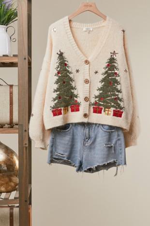 Embroidered Christmas Tree Cardigan
