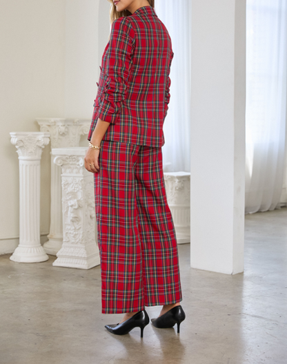 Red tartan‑check blazer with tailored silhouette and soft structured woven fabric.