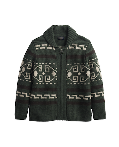A Pendleton dark green knit zip-up cardigan sweater with a high ribbed collar and cream-colored geometric Fair Isle patterns across the chest, shoulders, and sleeves.