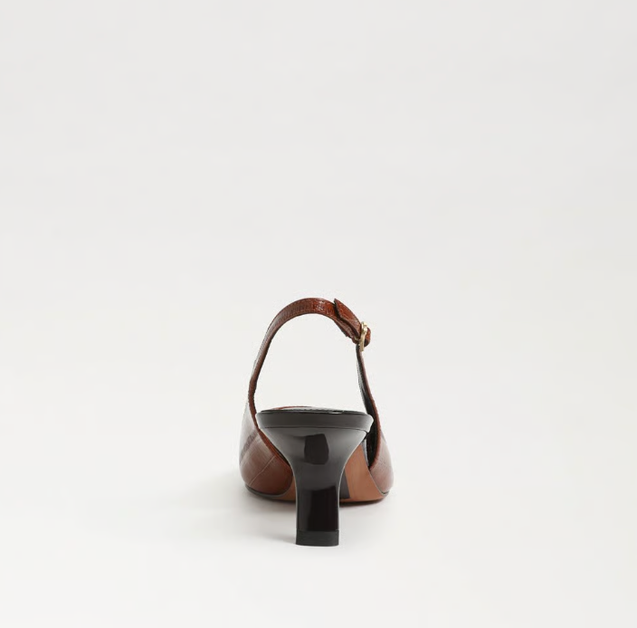 Sam Edelman Bianka Slingback Pump in brown with pointed toe and block heel.
