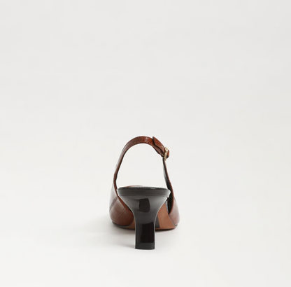 Sam Edelman Bianka Slingback Pump in brown with pointed toe and block heel.