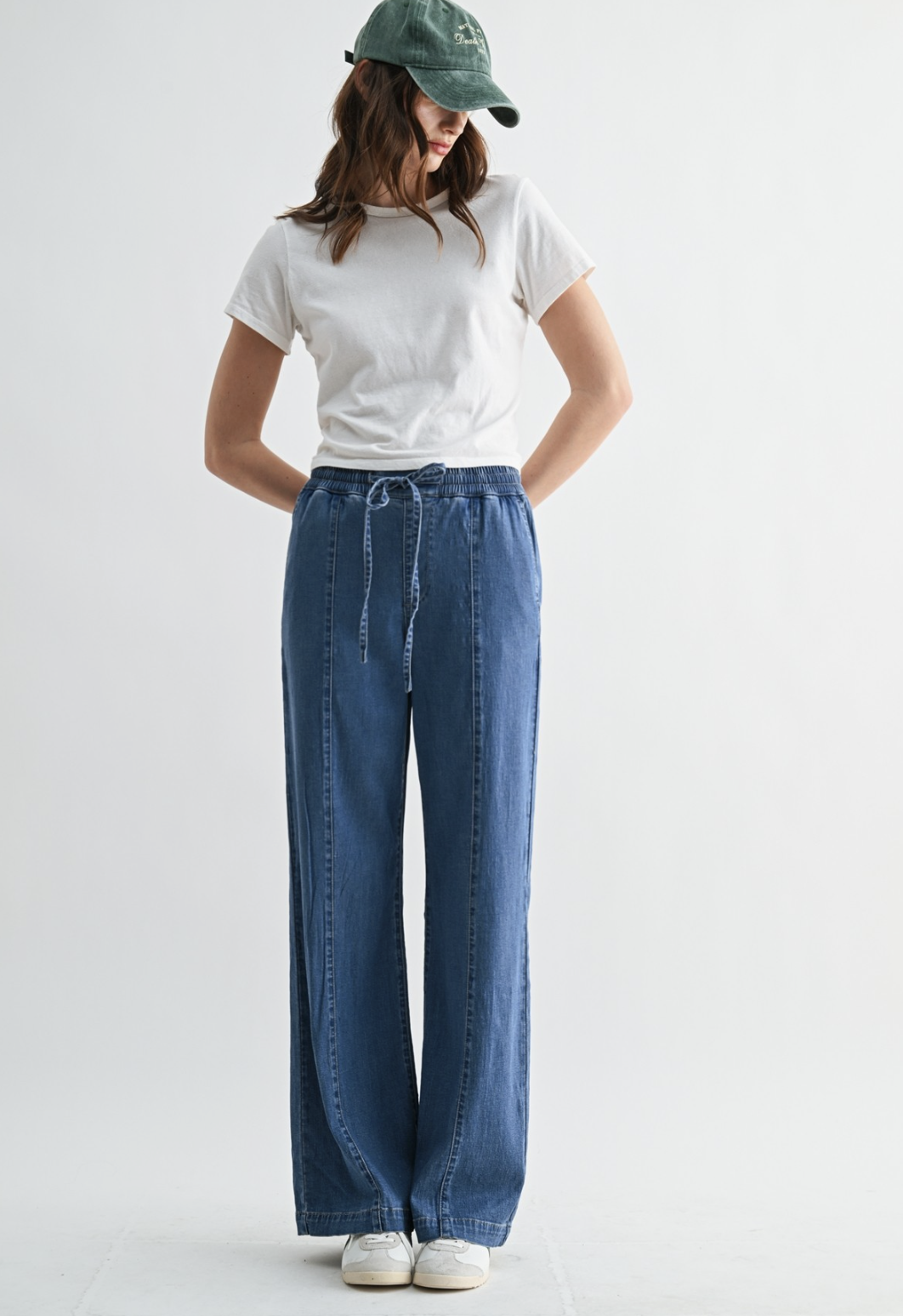 Mica Denim High Rise Wide Joggers in Navy Eyes with wide‑leg silhouette and soft‑stretch fabric.