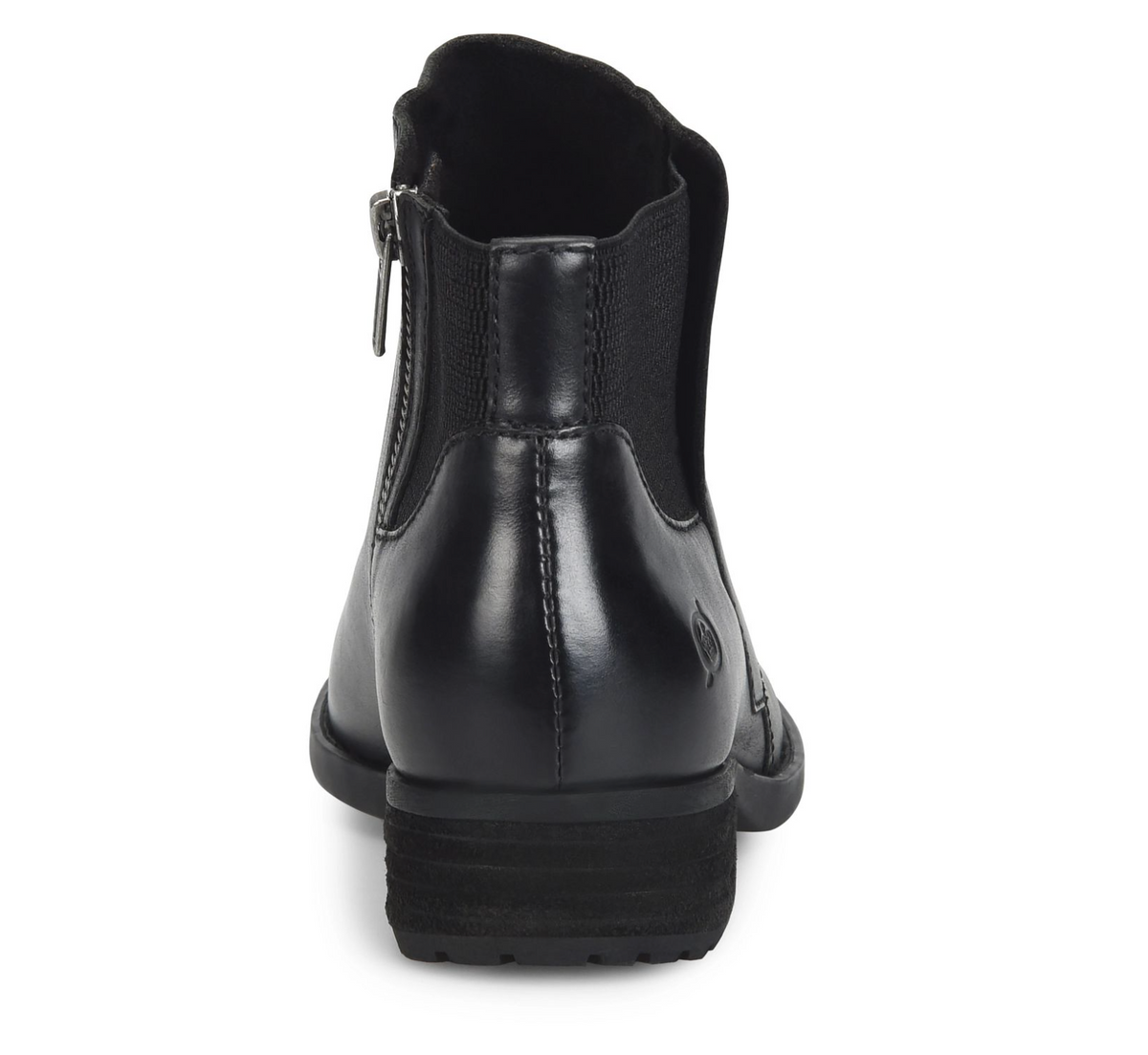 A Born Kendyl black leather ankle boot with a side zipper, shown from a rear three-quarter view on a white background.