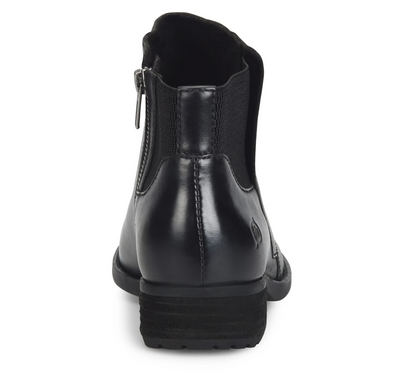 A Born Kendyl black leather ankle boot with a side zipper, shown from a rear three-quarter view on a white background.