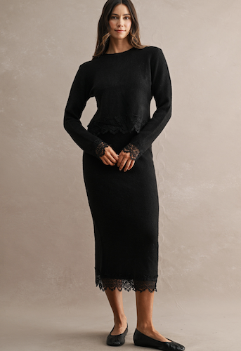 Knit Lace Trim Top and Midi Skirt Set