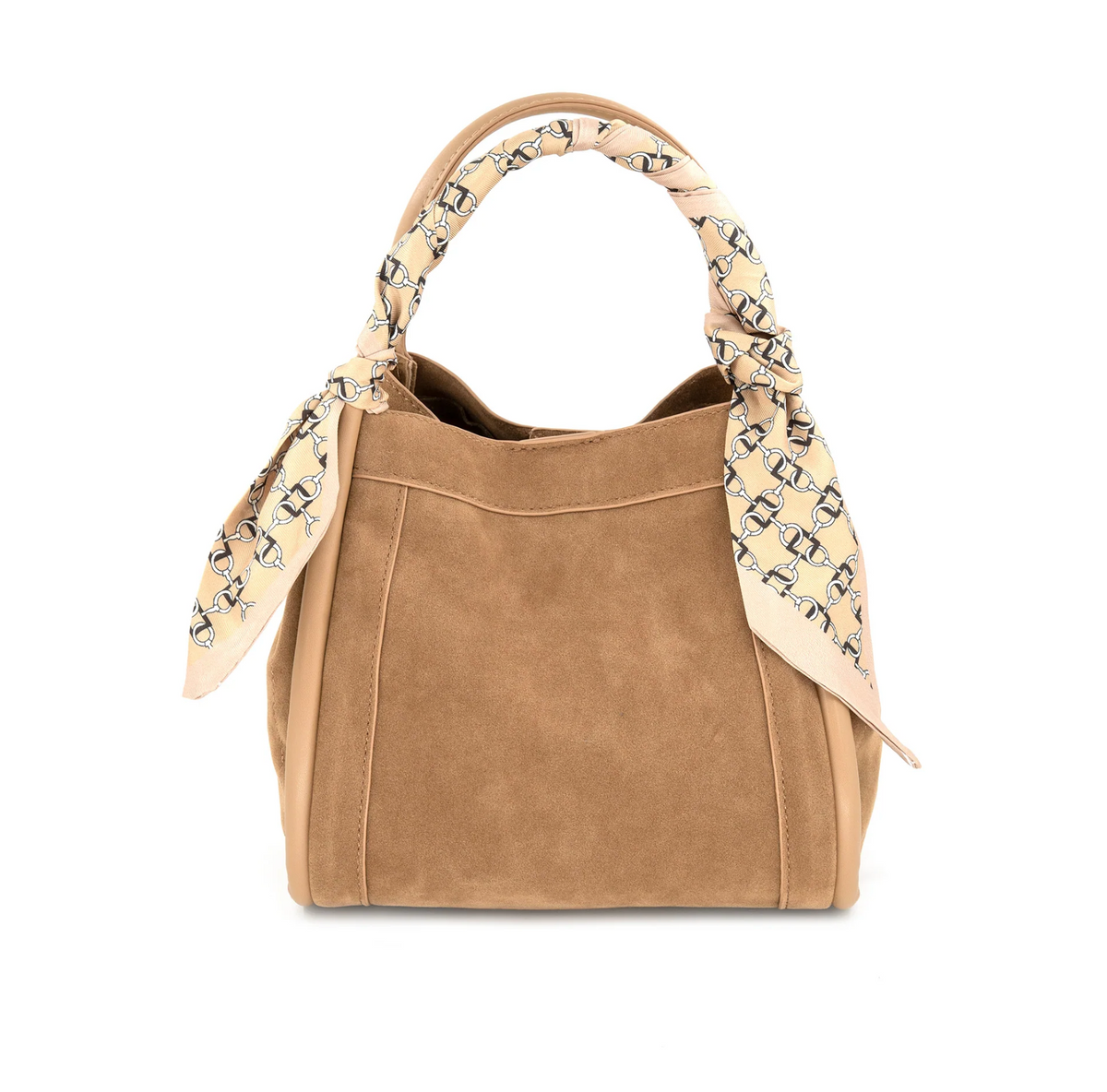 A tan suede shoulder bag with a beige scarf featuring a black geometric pattern wrapped around its handle, shown against a plain white background.