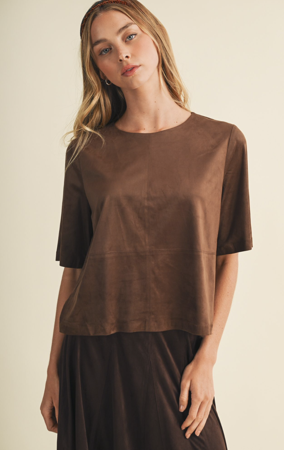 Mustard Seed faux suede blouse in espresso with soft texture and relaxed, modern silhouette.