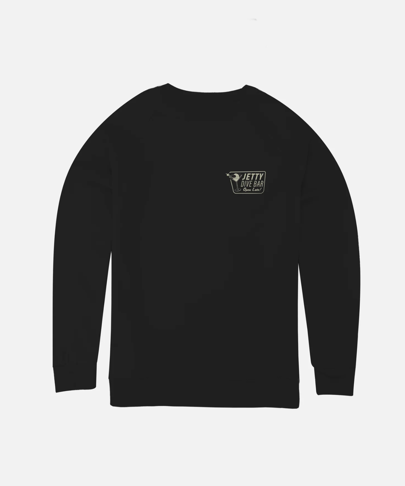 A black long-sleeve crewneck sweatshirt with a small dark gray and white 'JETTY' logo printed on the left chest, displayed on a light gray background.