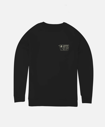 A black long-sleeve crewneck sweatshirt with a small dark gray and white 'JETTY' logo printed on the left chest, displayed on a light gray background.