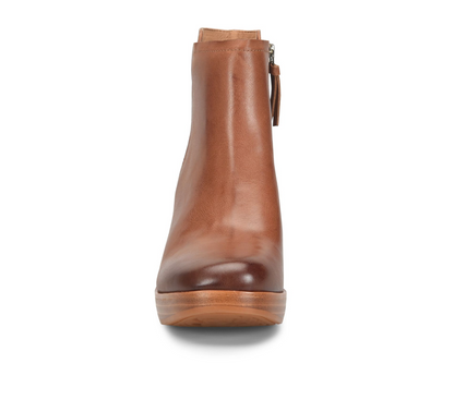 A single Sofft Kendall brown leather ankle boot shown from the back, featuring a side zipper with a tassel pull, on a clean white background.