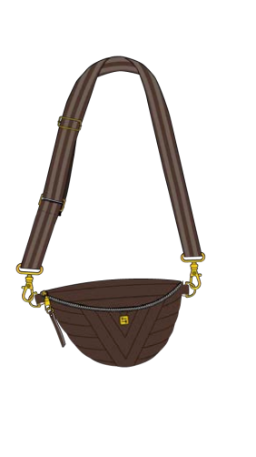 A Think Royln brown crescent-shaped crossbody bag with a long matching shoulder strap, gold-tone hardware, and a small gold logo accent on the front, shown on a plain white background.