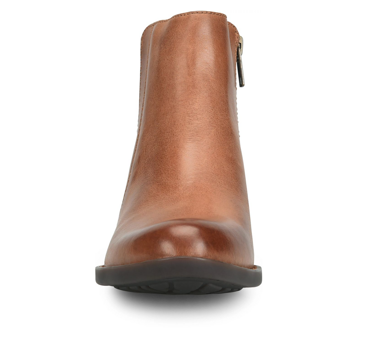 A single Born Kendyl brown leather ankle boot shown from the front on a clean white background, featuring a side zipper and a black outsole.