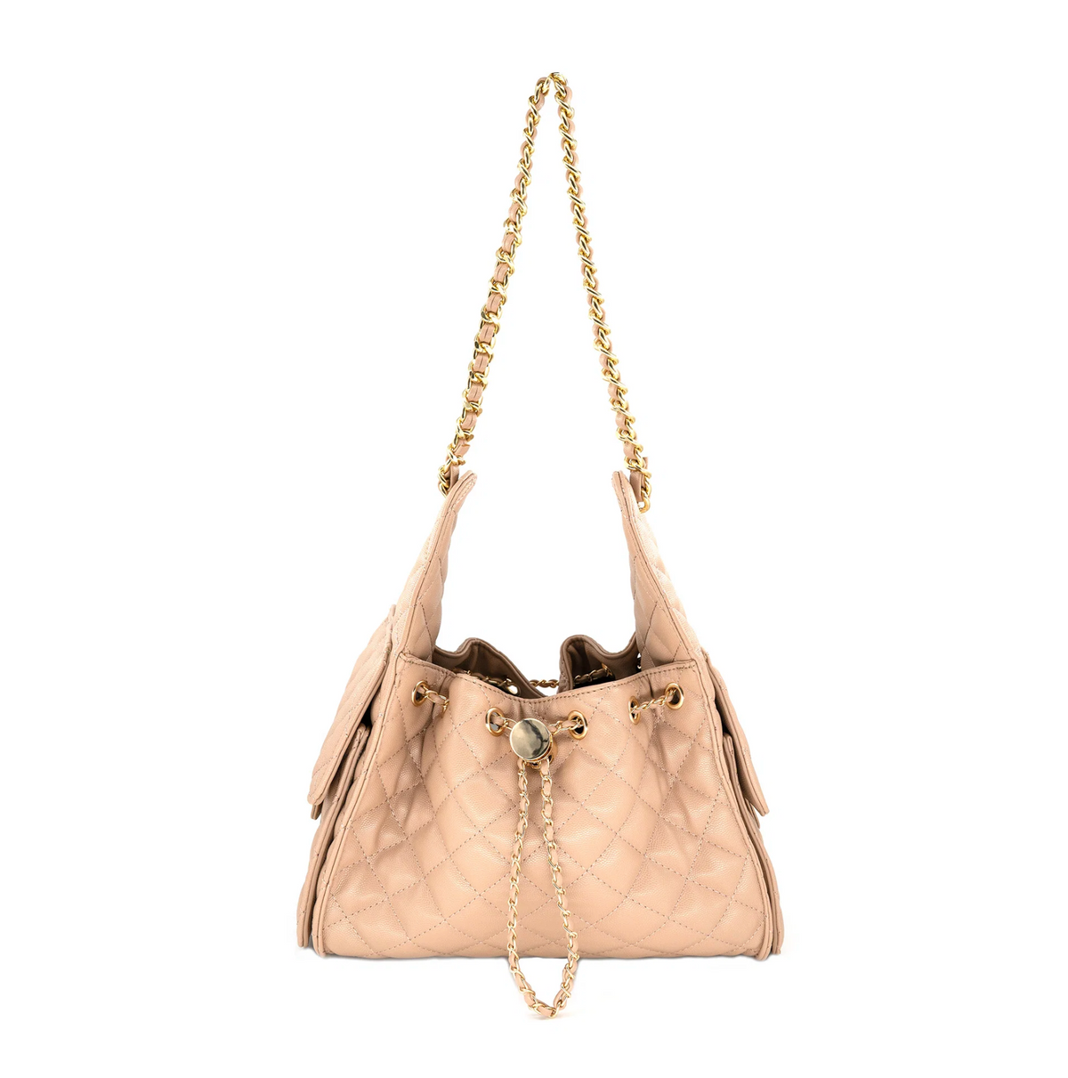 A BC Amélie light beige quilted leather drawstring handbag with gold-tone chain straps and hardware, shown against a plain white background.
