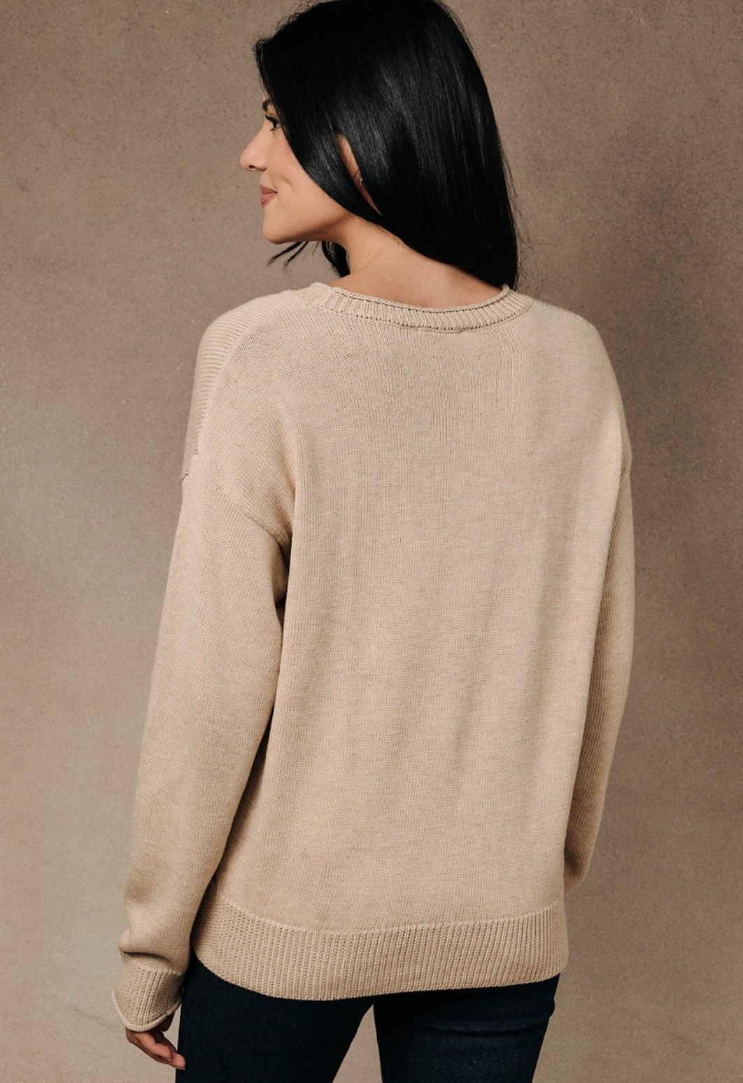 Taupe pumpkin martini graphic sweater with relaxed fit and soft mid‑weight knit.
