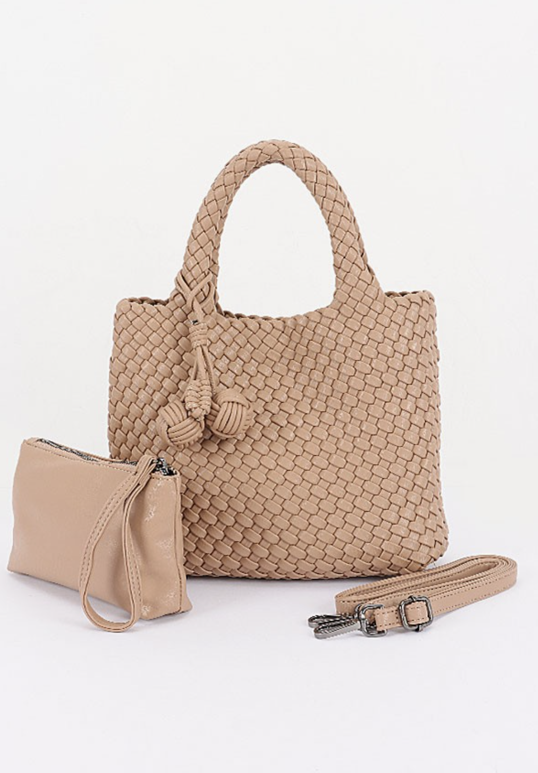 Braided‑texture tote bag in taupe with soft structure and roomy interior.