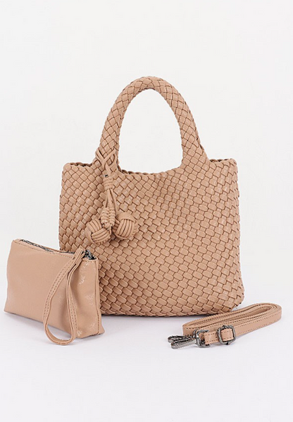 Braided‑texture tote bag in taupe with soft structure and roomy interior.