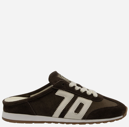 A dark brown suede and canvas Back 70 Venice sneaker mule with white laces, a large white '70' logo on the side, and a white midsole, shown against a plain light gray background.