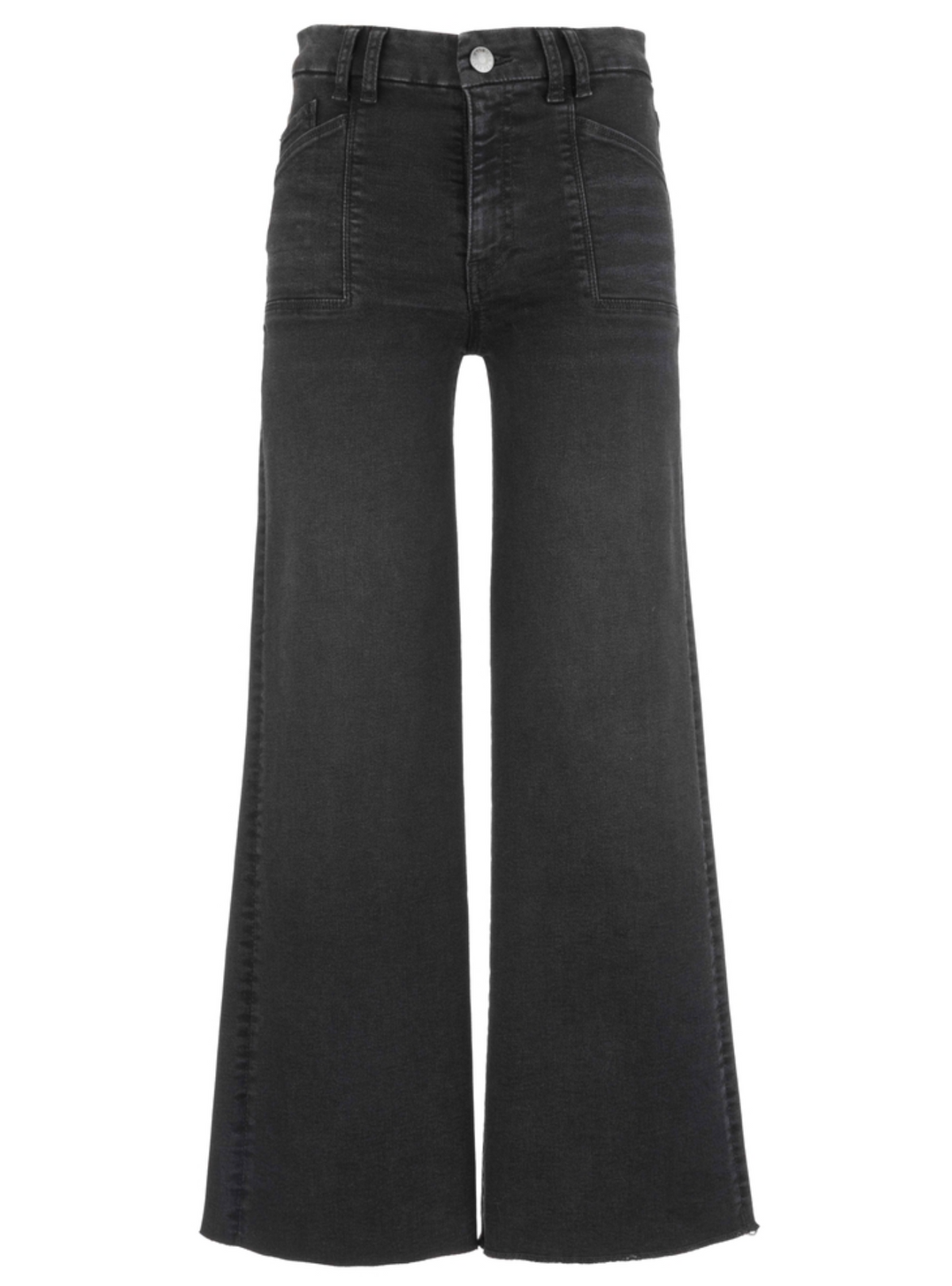 Ku Meg Black wide-leg denim jeans with a high waist and front patch pockets, shown against a plain white background.