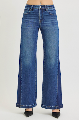 High Rise Wide Leg Contrast Panel Jeans
