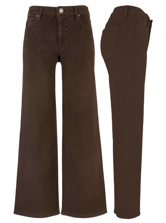 Kut Meg High Rise Side Panel Jean in Chocolate with wide‑leg silhouette and contrast side panels.