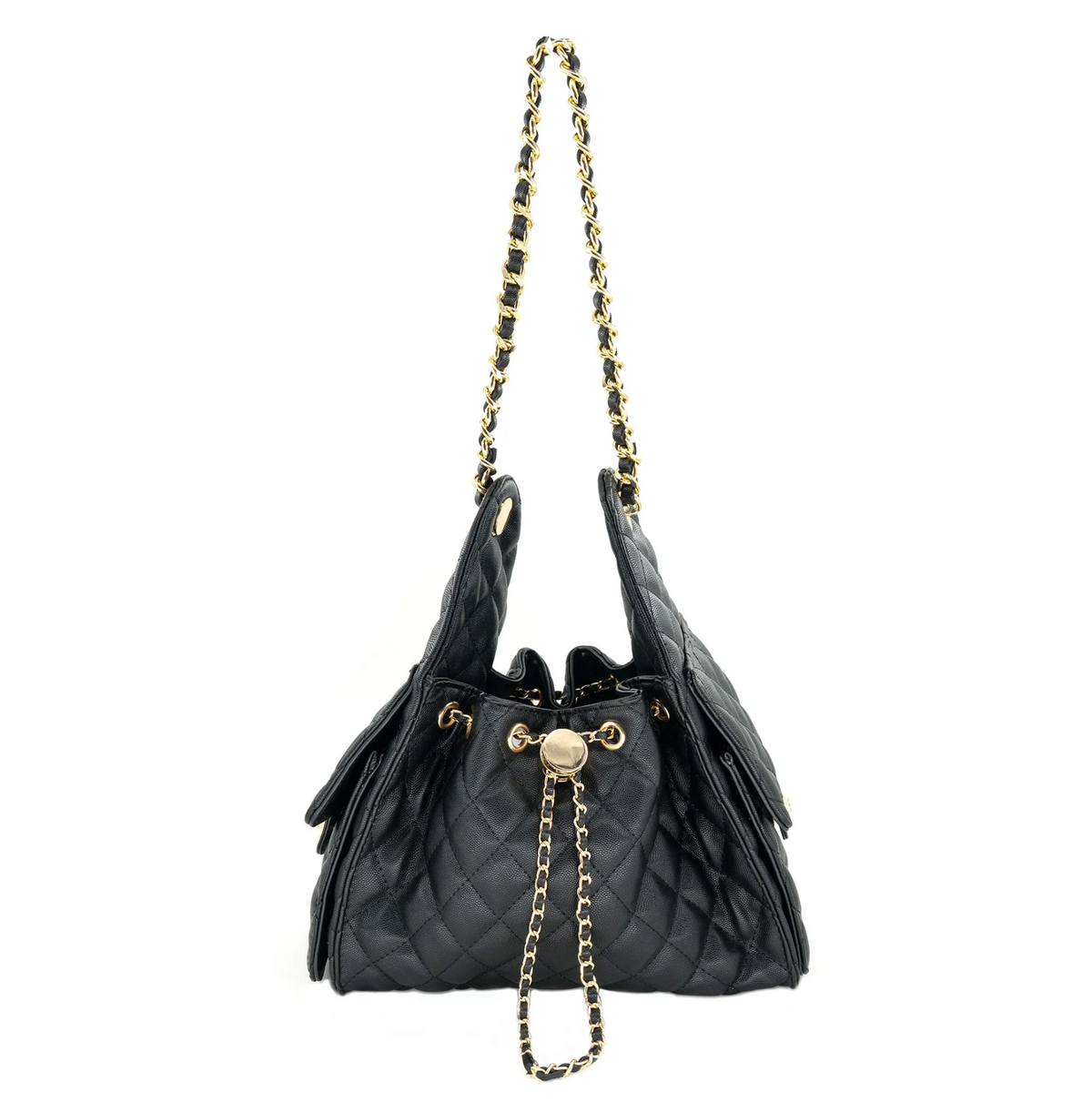 A BC Amélie black quilted leather drawstring handbag with gold-tone chain straps and hardware, shown against a plain white background.