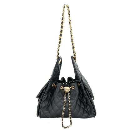 A BC Amélie black quilted leather drawstring handbag with gold-tone chain straps and hardware, shown against a plain white background.