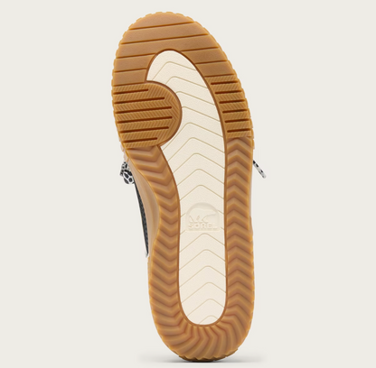 A close-up of a Sorel sneaker outsole showing a tan gum rubber tread with a cream-colored center section featuring the embossed brand name 'Sorel'.