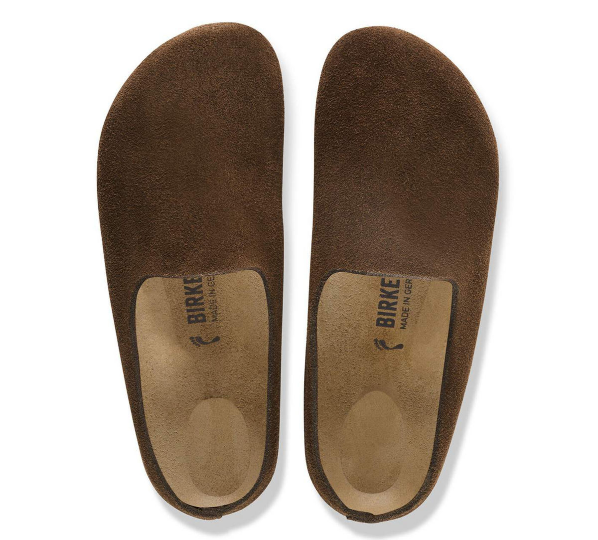 A pair of Birkenstock clogs shown from a top-down view, featuring a dark brown suede exterior and a tan insole with the Birke brand logo.