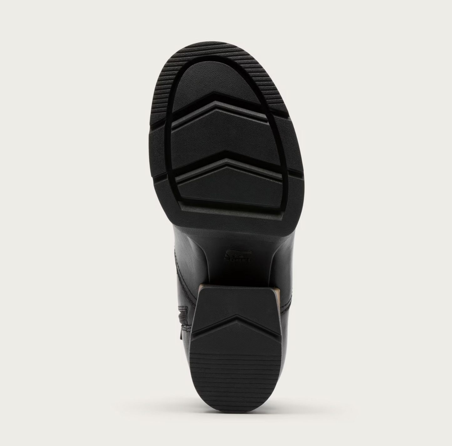 Black rubber sole of a shoe with a Sorel brand logo on a white background