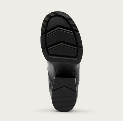 Black rubber sole of a shoe with a Sorel brand logo on a white background