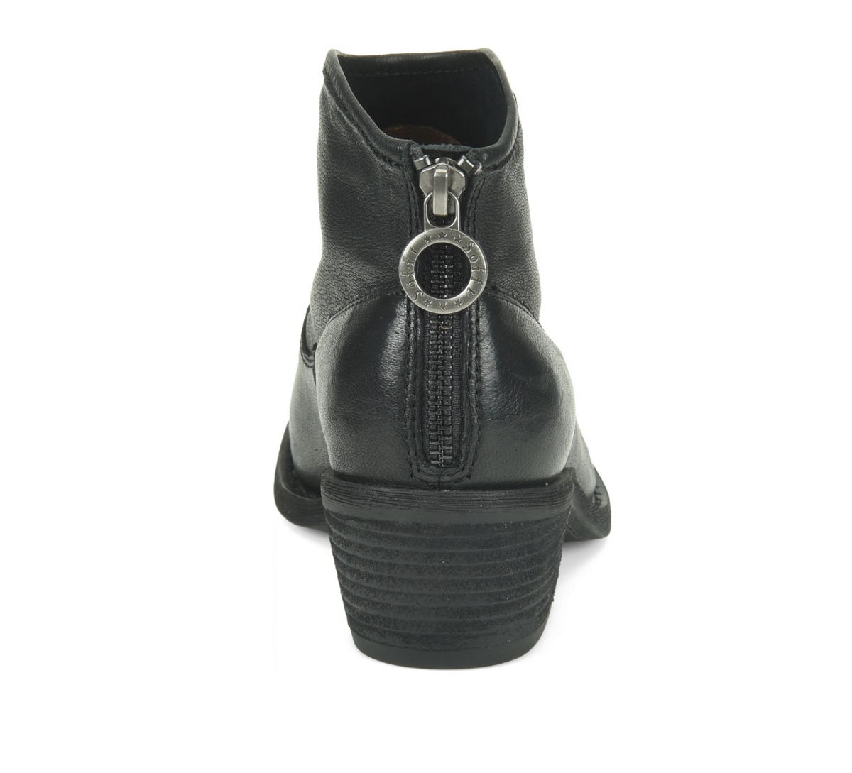 Sofft Aisley Black leather ankle boot shown from the back, featuring a side zipper with a prominent silver-tone circular ring detail and a stacked block heel.