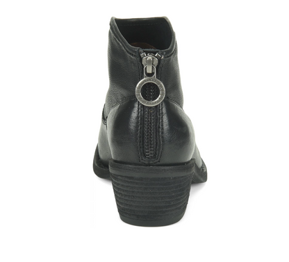 Sofft Aisley Black leather ankle boot shown from the back, featuring a side zipper with a prominent silver-tone circular ring detail and a stacked block heel.