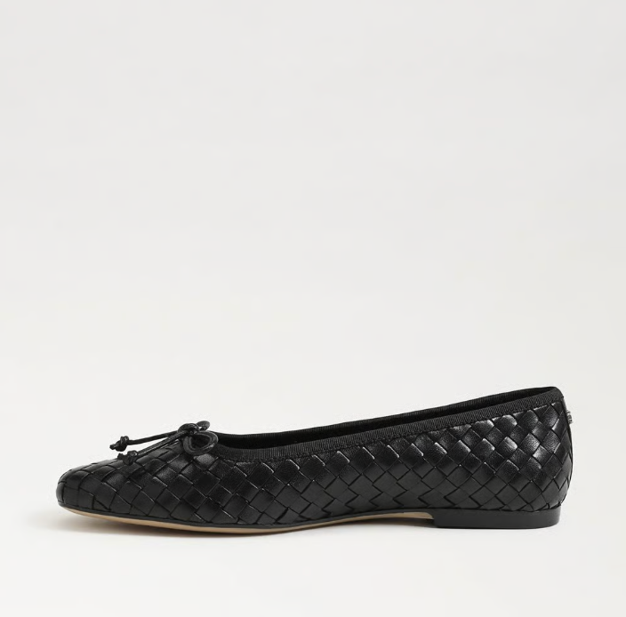 Sam Edelman Ruthie Woven Ballet Flat in black  with two‑tone woven upper and rounded ballet silhouette.
