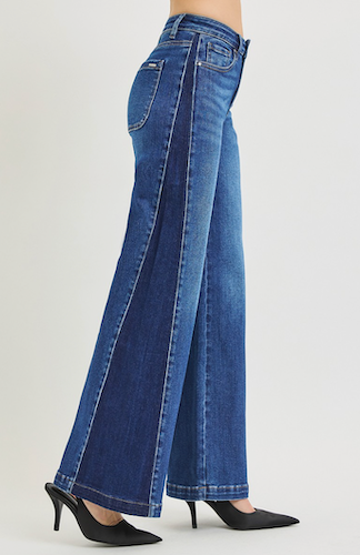 High Rise Wide Leg Contrast Panel Jeans