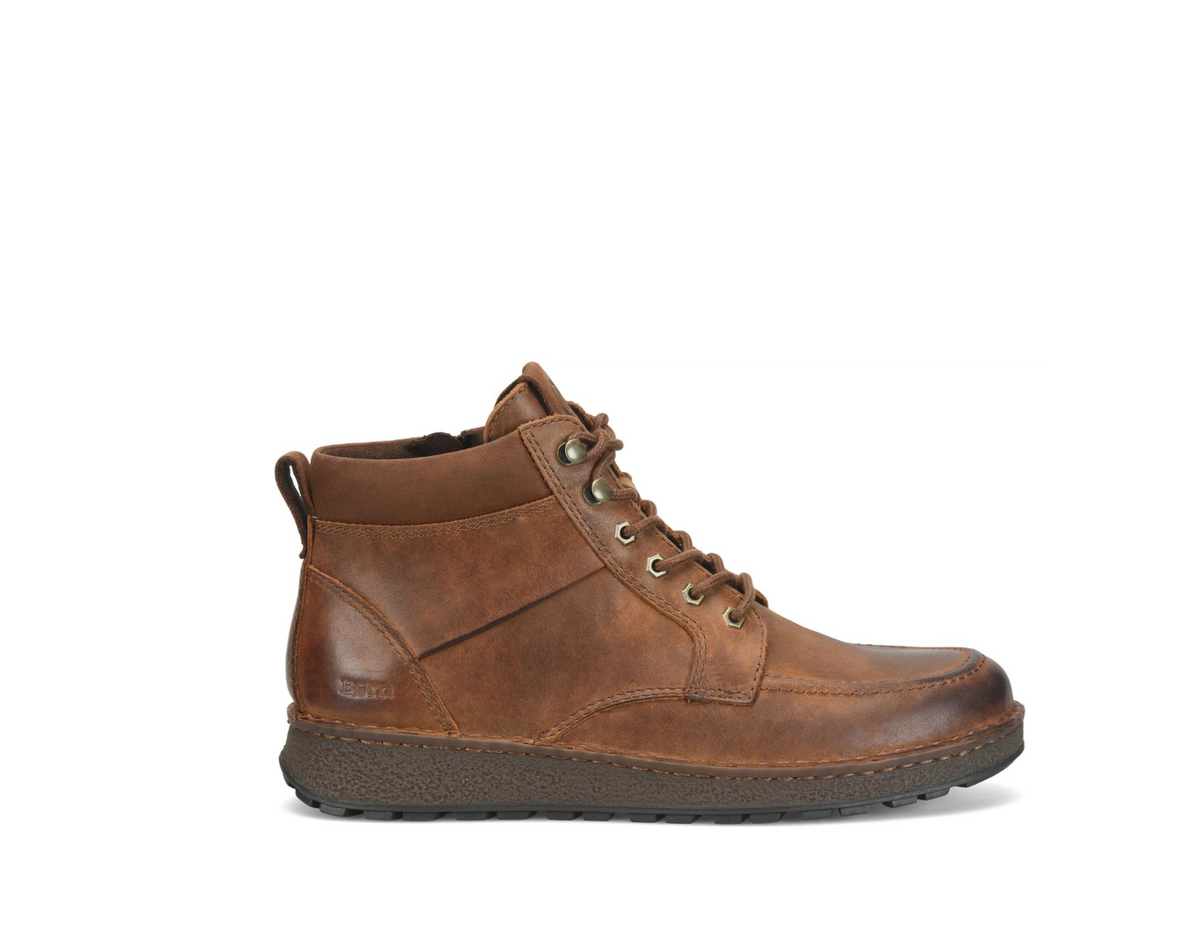 A brown Børn Rex leather lace-up ankle boot with a pull tab and dark sole, shown in a side profile on a white background.