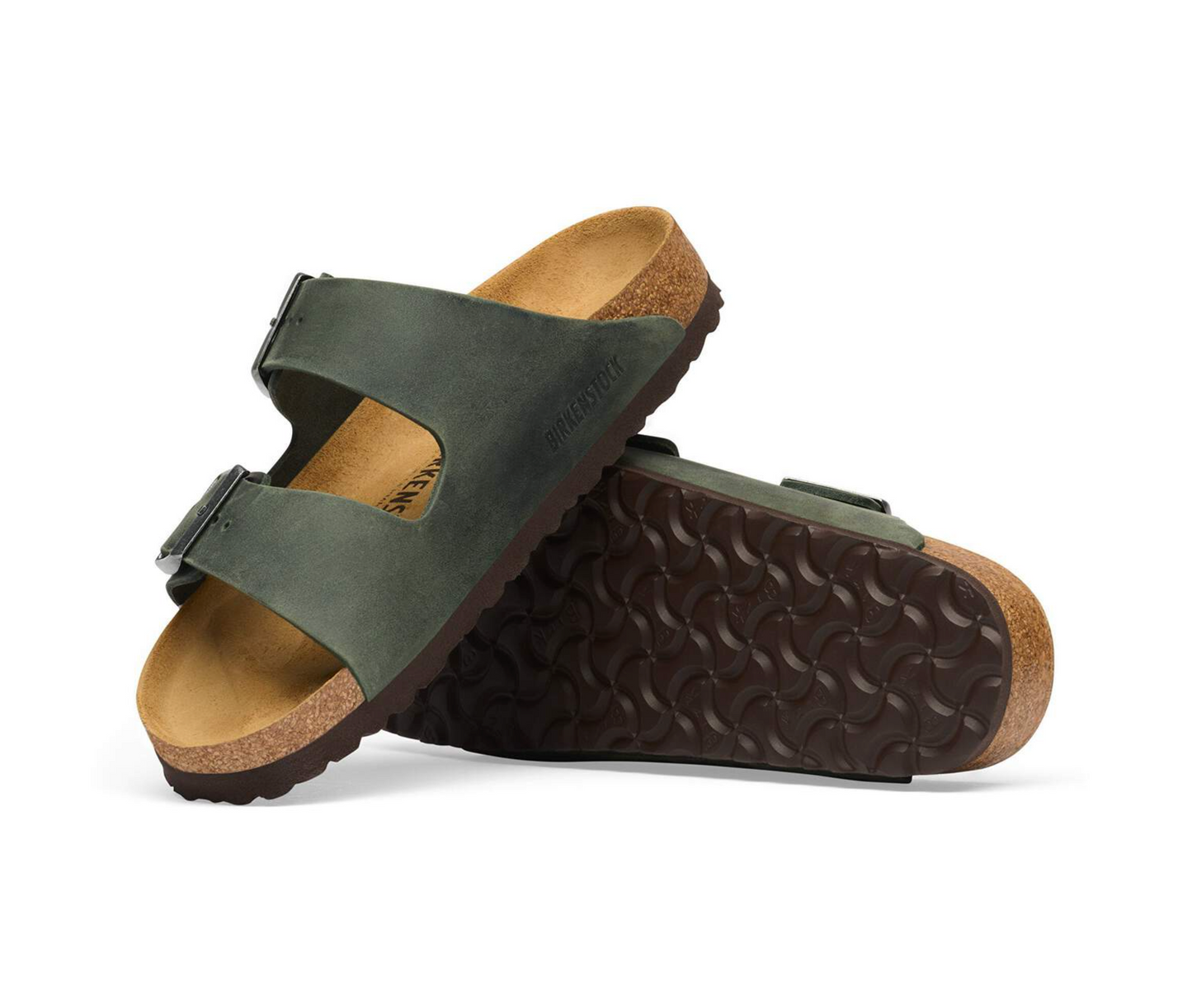 A pair of Birkenstock Arizona sandal in thyme with two straps and contoured cork footbed, shown on a clean white background.