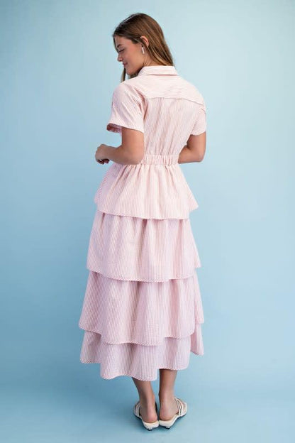 Striped Tiered Half Button Midi Dress