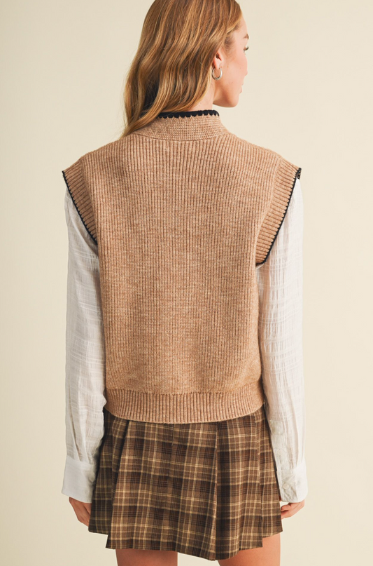 Tie Neck Ribbed Knit Vest
