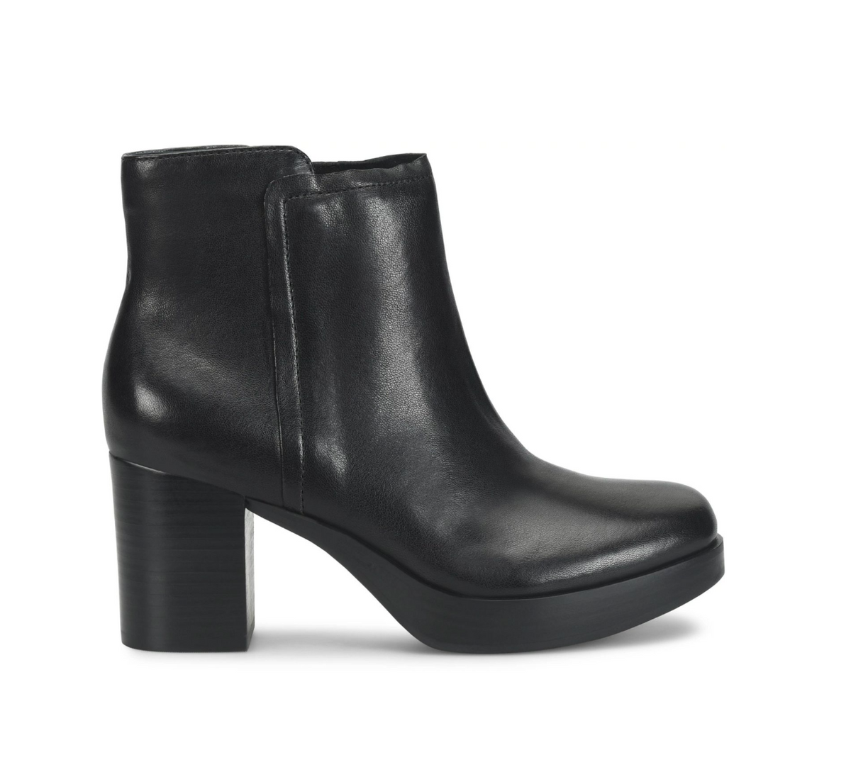 A single black leather Sofft Kendall ankle boot with a chunky block heel and platform sole, shown in a side profile on a white background.