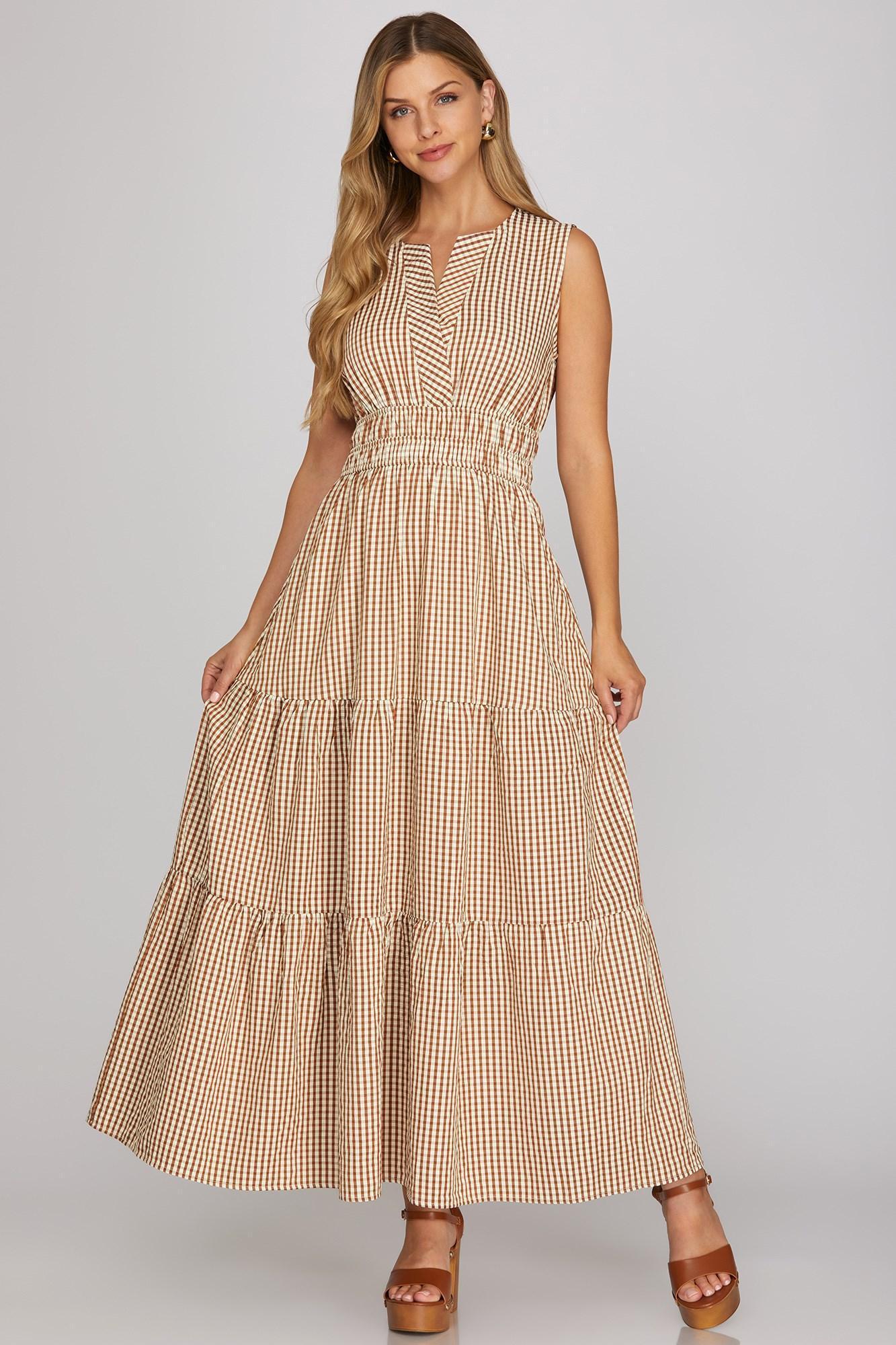 Sleeveless Woven Gingham Tiered Maxi Dress