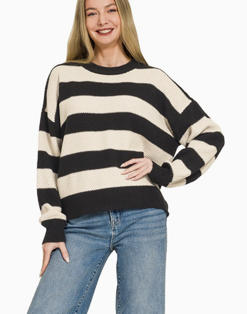 Striped crewneck sweater available in black with a relaxed fit.