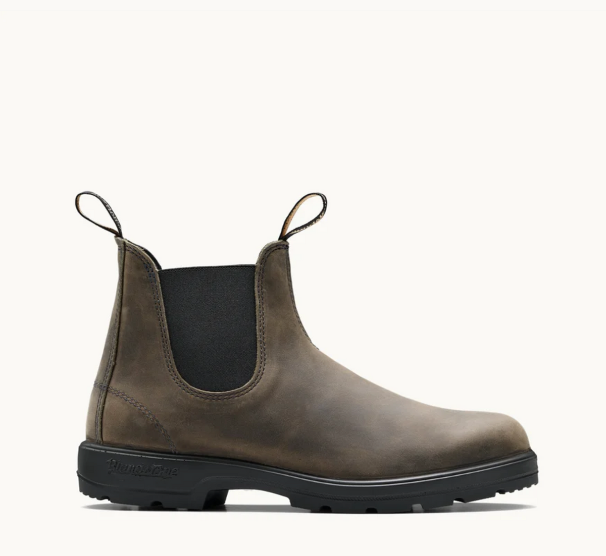 A single Blundstone Chelsea boot in a distressed brown leather, shown in profile against a clean off-white background.