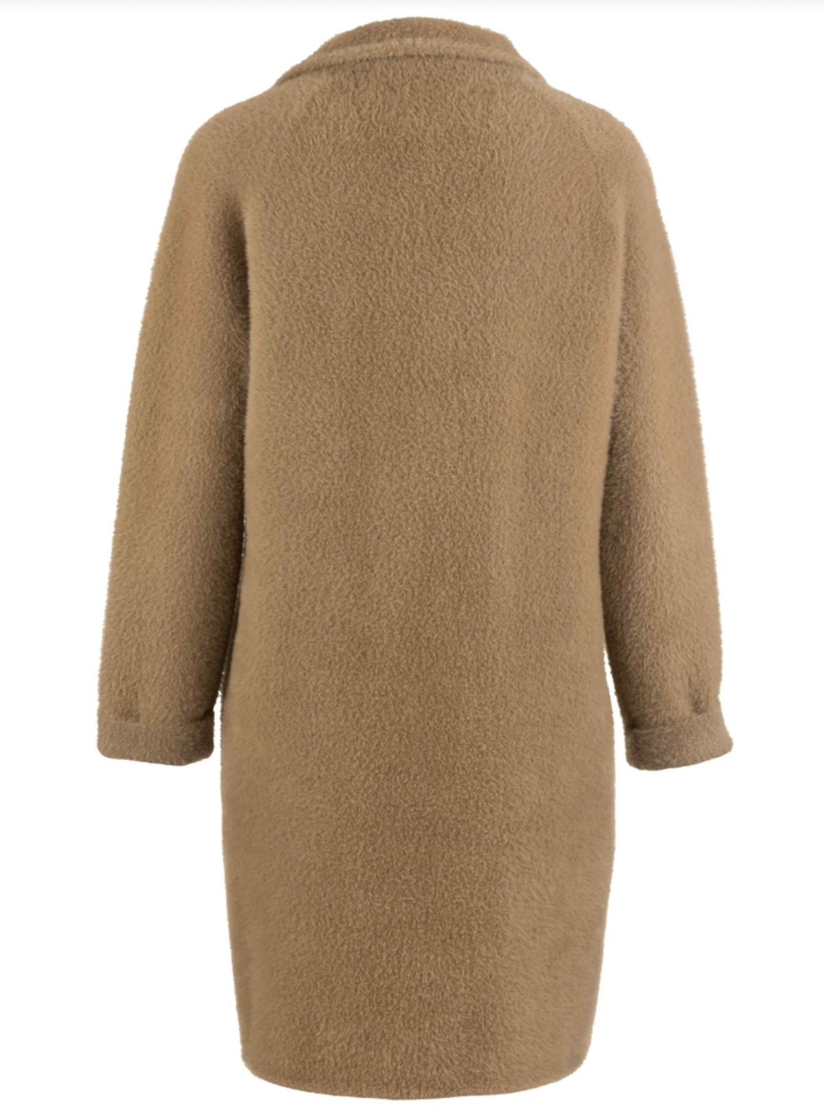 A Kut Blythe camel brown teddy coat shown from the back, featuring a soft, textured fleece-like fabric and a classic collar, set against a plain white background.