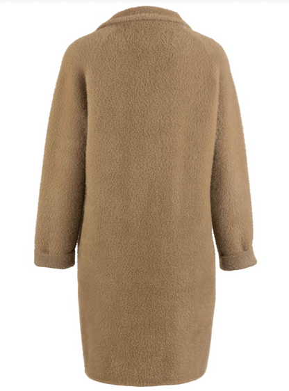 A Kut Blythe camel brown teddy coat shown from the back, featuring a soft, textured fleece-like fabric and a classic collar, set against a plain white background.