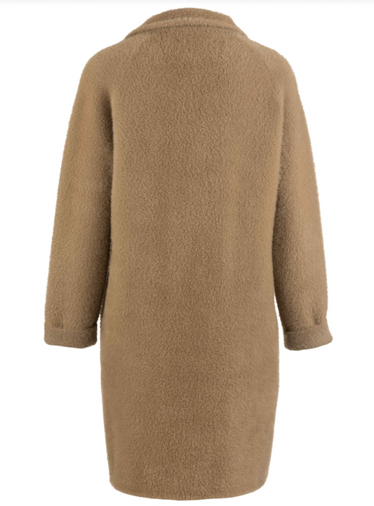 A Kut Blythe camel brown teddy coat shown from the back, featuring a soft, textured fleece-like fabric and a classic collar, set against a plain white background.