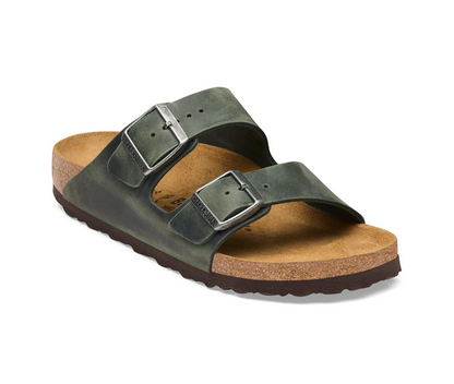 A pair of dark Birkenstock Arizona sandal in thyme with two straps and contoured cork footbed, shown on a plain white background.