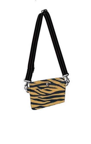 A Think Royln Bum small shoulder bag with a black and tan zebra print pattern, featuring a long black shoulder strap and silver-tone hardware, shown against a plain white background.