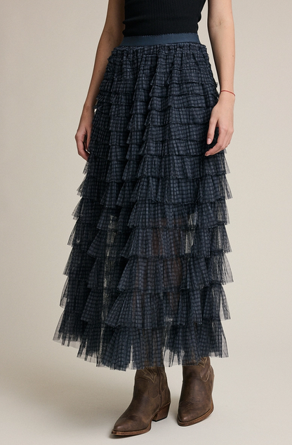 Plaid Mesh Ruffle Maxi Skirt