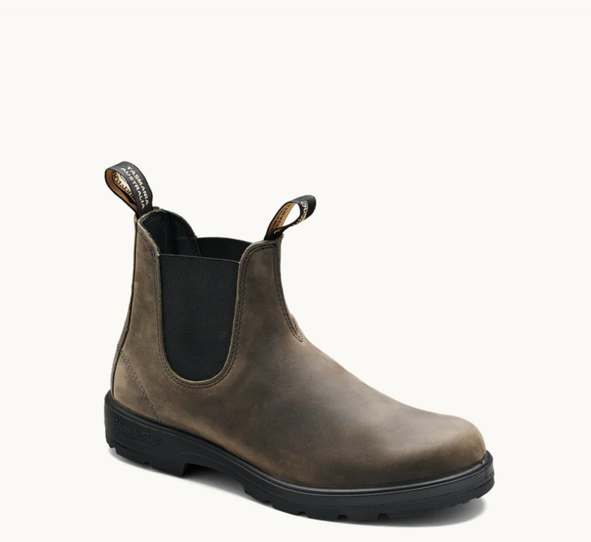 A single Chelsea-style ankle boot in dark brown distressed leather with black elastic side panels and a black sole, photographed on a clean off-white background.